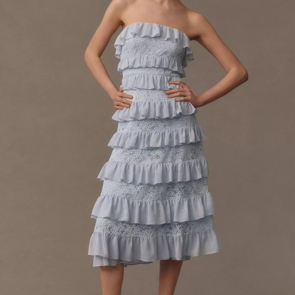 BHLDN Cami Strapless Tiered Chiffon Lace Midi Dress
